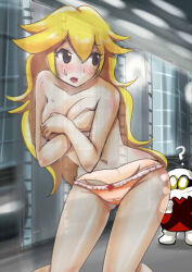 1girl ? ahoge armpits bare_arms bent_over blonde_hair blue_eyes blush bow bow_panties breast_press breasts collarbone covering_breasts covering_privates dokuna embarrassed exhibitionism eyelashes female_focus gluteal_fold groin hair_between_eyes invisible legs lips long_hair looking_back mario_(series) medium_breasts navel neck nintendo nipples open_mouth panties paper_mario paper_mario:_the_thousand_year_door parted_bangs pink_panties princess_peach public_indecency public_nudity spoken_question_mark standing sweat thighs topless_female underwear x-naut