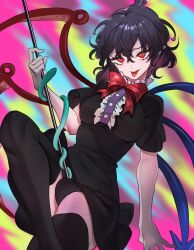 Rule 34 | 1boy, 1girl, ahoge, asymmetrical wings, black dress, black hair, black panties, black thighhighs, blue wings, breasts, buttons, center frills, crossed legs, dress, frills, highres, holding, houjuu nue, looking at viewer, neon (co2co8), nue day, panties, pointy ears, red eyes, red wings, short dress, short hair, short sleeves, smile, snake, solo, thighhighs, tongue, tongue out, touhou, underwear, wings