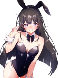 1girl absurdres animal_ear_hairband animal_ears bare_legs black_bow black_bowtie black_hair black_leotard bow bowtie breasts cleavage commission detached_collar fake_animal_ears grin hairband highres leotard medium_breasts nijisanji pixiv_commission playboy_bunny purple_eyes rabbit_ears rabbit_tail satsuki_(pixiv_742410) side-tie_leotard simple_background smile solo strapless strapless_leotard tail thigh_gap tsukino_mito white_background wrist_cuffs