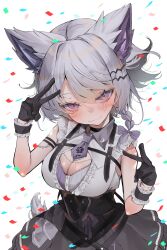 1girl absurdres animal_ears black_corset black_gloves black_skirt blue_eyes blush breasts chest_strap cleavage_cutout closed_mouth clothing_cutout confetti corset diamond_in_eye double_v fox_ears fox_girl fox_tail frilled_shirt frilled_wrist_cuffs frills gloves grey_hair hair_ornament hairclip heterochromia highres indie_virtual_youtuber kararage_tsune large_breasts looking_at_viewer necktie parted_bangs pink_eyes pleated_skirt purple_necktie second-party_source shirt short_hair short_necktie sidelocks skirt sleeveless sleeveless_shirt solo tail ururu_uru v virtual_youtuber white_background white_shirt wrist_cuffs
