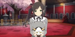 1girl architecture black_ribbon blush bow breasts bridge brown_hair buttons cherry_blossoms cherry_tree closed_mouth double-breasted east_asian_architecture fence gessen_academy_school_uniform green_eyes grey_shirt hair_bow hannya highres holding holding_mask indoors large_breasts long_hair looking_at_viewer mask murakumo_(senran_kagura) noh_mask non-web_source official_art plant red_carpet ribbon rock school school_emblem school_uniform senran_kagura senran_kagura_new_link senran_kagura_shinovi_versus shirt side_ponytail smile solo stone_lantern tree unworn_mask upper_body window yaegashi_nan