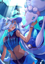 2girls absurdres aqua_eyes aqua_hair arm_tattoo blue_eyes bracelet breasts closed_mouth colored_skin crop_top gen_2_pokemon gen_3_pokemon gen_7_pokemon hatsune_miku highres holding jewelry looking_at_another mantine medium_breasts multiple_girls nintendo number_tattoo official_alternate_costume official_alternate_hairstyle open_mouth pearl_hair_ornament poke_ball pokemon pokemon_(creature) primarina project_voltage remoraid shark sharpedo shiranomaru shirt sleeveless sleeveless_shirt smile starfish_hair_ornament tan tattoo underwater visor_cap vocaloid water_miku_(project_voltage) white_skin