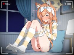1girl ^^^ animal_ear_fluff animal_ears anus ass bar_censor battery_indicator bed_sheet blue_archive blue_eyes bow cat_ears cat_girl censored clenched_teeth clothes_pull commentary_request curtains desk_lamp extra_ears female_masturbation fingering hair_bow half-closed_eye halo headband holding holding_phone hooded_shirt indoors knees_up lamp long_hair long_sleeves looking_at_phone low_twintails mari_(blue_archive) masturbation on_bed one_eye_closed orange_hair phone recording shirt short_shorts shorts shorts_pull sitting socks soles solo sound_effects special_cat striped_clothes striped_shirt striped_socks teeth thighs trembling twintails white_bow white_headband yellow_halo zipper_pull_tab