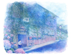 1girl air_conditioner bad_id bad_pixiv_id black_hair blush cat flower hill hydrangea long_hair mailbox mirror muted_color nib_pen_(medium) original painting_(medium) pale_skin pen_(medium) plant ponytail road scenery seiza sign sitting street traditional_media tree vines watercolor_(medium) wayukako
