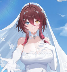 1girl aether_gazer bare_shoulders blue_sky breasts bridal_veil brown_hair cleavage closed_mouth crosshair_pupils dakimakura_(medium) dress elbow_gloves gloves haitundm heterochromia large_breasts long_hair looking_at_viewer offering_hand reaching reaching_towards_viewer see-through_cleavage see-through_clothes sky smile solo veil verthandi_(aether_gazer) wedding_dress white_dress white_gloves white_veil