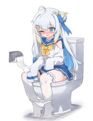 1girl aku0 blonde_hair blue_bow blue_hair blue_sailor_collar blue_skirt blush bow bowtie character_request commentary copyright_request hair_bow hair_bun hair_ornament highres multicolored_hair one_eye_closed panties sailor_collar shirt simple_background sitting skirt sweat symbol-only_commentary thighhighs toilet toilet_paper underwear white_background white_hair white_panties white_shirt white_thighhighs yellow_bow yellow_bowtie