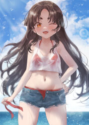 Rule 34 | 1girl, bikini, bikini under clothes, bikini under shorts, black hair, blue shorts, blue sky, breasts, cowboy shot, cutoffs, day, denim, denim shorts, hair down, kantai collection, long hair, looking at viewer, navel, nisshin (kancolle), ocean, one eye closed, open fly, open mouth, orange eyes, outdoors, red bikini, shorts, sky, small breasts, solo, standing, swimsuit, tank top, teeth, toka (marchlizard), upper teeth only, very long hair, white tank top