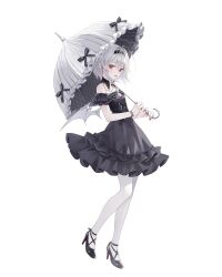 1girl bat_wings black_dress dress high_heels highres original pantyhose parasol red_eyes rurudo solo umbrella white_background white_hair white_pantyhose wings