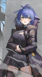 1girl absurdres animal_ears arknights black_shorts black_skirt blacksteel_worldwide_(arknights) blacksteel_worldwide_logo blue_hair blush breasts burnt_clothes cat_ears cat_girl cleavage coat cool_est cowboy_shot ears_down furrowed_brow green_eyes gun highres holding holding_gun holding_weapon holster infection_monitor_(arknights) jessica_(arknights) jessica_(ash)_(arknights) large_breasts official_alternate_costume open_clothes open_coat open_mouth shirt shorts single_thighhigh skirt smoke standing thighhighs torn_clothes torn_shirt weapon