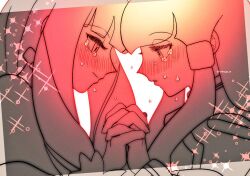 2girls blush commentary crying dianna_soreil face-to-face gundam hair_ornament hakoya half-closed_eyes holding_hands interlocked_fingers kihel_heim long_hair looking_at_another multiple_girls profile sparkle turn_a_gundam upper_body