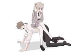 1boy 1girl all_fours azumaya_haruka black_necktie black_pants black_shoes blush brown_eyes brown_hair brown_shoes cellphone clenched_teeth collared_shirt commentary_request crossed_legs grey_jacket grey_skirt highres holding holding_phone jacket loafers long_hair low_ponytail necktie open_clothes open_jacket pants pantyhose phone pleated_skirt ponytail profile sakura_no_sekai shadow shirt shoes simple_background sitting sitting_on_person skirt sweat teeth tsuruse twintails utsumi_sakura very_long_hair white_background white_pantyhose white_shirt