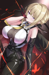 1girl absurdres adjusting_clothes adjusting_gloves armpit_crease asymmetrical_gloves black_background black_gloves black_pants blonde_hair breasts chest_harness elbow_gloves evelyn_chevalier gloves gradient_background hair_up harness high-waist_pants highres jacket jacket_on_shoulders large_breasts light_particles looking_at_viewer nanatuma_nazuna necktie pants purple_eyes ring_hair_ornament single_elbow_glove solo sweat tight_clothes tight_pants yellow_necktie zenless_zone_zero