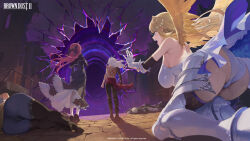1boy 3girls armor armored_boots ass back_tattoo black_dress black_pants blonde_hair boots bow breasts brown_dust_(series) brown_dust_2 dress faulds gauntlets hair_bow hanging_breasts highres justia_(brown_dust) kneeling large_breasts lathel_(brown_dust) liberta_(brown_dust_2) lying m.q_(mqkyrie) multiple_girls nun official_art on_side open_mouth panties pants red_hair tattoo thigh_boots underwear vambraces white_dress white_hair white_panties wilhelmina_(brown_dust) wings yellow_wings