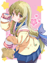 Rule 34 | 1girl, ahoge, akayama yukihe, alternate hair color, black pantyhose, blonde hair, blue skirt, brown eyes, cherry blossoms, clannad, cowboy shot, highres, ibuki fuuko, jacket, long hair, long sleeves, low-tied long hair, pantyhose, pleated skirt, sailor collar, skirt, sleeves past wrists, solo, star (symbol), starfish, white sailor collar, yellow jacket