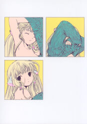 00s blonde_hair chii chobits clamp comic highres long_hair looking_at_viewer official_art portrait postcard_(medium) silent_comic sweater undressing very_long_hair