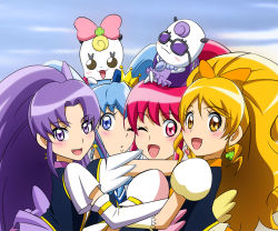 10s 4girls aino_megumi blonde_hair blue_eyes blue_hair blush bow creature crown cure_fortune cure_honey cure_lovely cure_princess earrings fuchi_(nightmare) gold_crown gurasan_(happinesscharge_precure!) hair_bow happinesscharge_precure! hikawa_iona hug jewelry long_hair magical_girl multiple_girls oomori_yuuko pink_bow pink_eyes pink_hair ponytail precure purple_eyes purple_hair ribbon_(happinesscharge_precure!) shirayuki_hime twintails wide_ponytail yellow_eyes