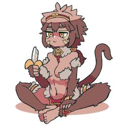 1girl :t animated banana barefoot breasts brown_fur brown_hair cheek_bulge dot_harai eating face_paint facial_mark feet_together female_focus food fruit highres holding holding_food jewelry kakuen_(monster_girl_encyclopedia) looping_animation medium_breasts messy_hair monkey_girl monkey_tail monster_girl monster_girl_encyclopedia monster_girl_encyclopedia_ii navel orange_eyes solo tail thighlet tiara video