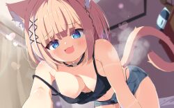 1girl :3 :d all_fours animal_ear_fluff animal_ears black_camisole black_panties black_tank_top blonde_hair blue_eyes blue_shorts blurry blurry_background blush breasts camisole cat_ears cat_girl cat_tail ceiling choker cleavage collar commission denim denim_shorts downblouse fang fangs from_below hair_ornament heart heart-shaped_pupils heart_in_eye highleg highleg_panties highres indoors lens_flare looking_at_viewer medium_breasts medium_hair multicolored_hair navel open_clothes open_fly open_mouth open_shorts original panties panty_peek panty_straps shiro9jira short_hair short_shorts shorts skeb_commission smile solo steam steaming_body strap_slip streaked_hair sweat symbol-shaped_pupils symbol_in_eye tail tank_top underwear x_hair_ornament
