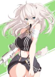 Rule 34 | 1girl, absurdres, ahoge, animal ear piercing, animal ears, bandaged arm, bandages, bare shoulders, black shirt, blush, breasts, cleavage, commentary request, cowboy shot, crop top, curvy, double-parted bangs, fangs, grey eyes, grey hair, grey skirt, gun, hair between eyes, highres, holding, holding gun, holding weapon, holofive, hololive, jewelry, large breasts, lion ears, lion girl, lion tail, long hair, long sidelocks, looking at viewer, mawaru chikuwa, messy hair, miniskirt, mouth hold, narrow waist, necklace, no jacket, no legwear, panty straps, see-through cleavage, see-through clothes, shirt, shishiro botan, shishiro botan (1st costume), side slit, sidelocks, sideways glance, skin tight, skirt, sleeveless, sleeveless shirt, tail, thick thighs, thighs, two side up, virtual youtuber, weapon, weapon request, wide hips, zipper skirt
