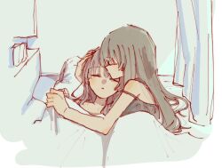 2girls assault_lily bare_arms bare_shoulders bed black_camisole black_hair blanket brown_hair camisole closed_eyes closed_mouth commentary curtains hair_down hand_on_another&#039;s_head hands_up heads_together indoors kuo_shenlin lying multiple_girls on_back on_bed on_side parted_lips pillow profile rui_rui_rui0122 side-by-side sleeping strap_slip under_covers wang_yujia yuri