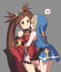 1boy 1girl absurdres bare_shoulders bbyong403 blonde_hair blue_eyes breasts bridget_(guilty_gear) brown_eyes brown_hair china_dress chinese_clothes commentary cross detached_sleeves dress english_commentary facing_viewer fingernails grey_background guilty_gear guilty_gear_xx hair_ornament hairclip heart highres hug kuradoberi_jam long_hair long_sleeves looking_at_another nun simple_background sleeves_past_fingers sleeves_past_wrists spoken_heart sweatdrop wide_sleeves