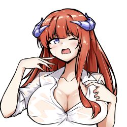 1girl absurdres arknights bagpipe_(arknights) black_outline blush breasts cleavage collarbone collared_shirt commentary_request cropped_torso fanning_self hands_up highres horns hot large_breasts long_hair looking_at_viewer one_eye_closed open_collar open_mouth orange_hair outline purple_eyes purple_horns shirt simple_background sleeves_pushed_up solo sweat white_background white_shirt xibu_cai