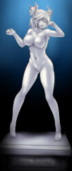 1girl barefoot blank_eyes breasts character_name cheria_barnes cleavage cleft_of_venus clenched_hands collarbone colored_eyelashes colored_nipples colored_sclera colored_skin completely_nude contrapposto english_text female_focus full_body gluteal_fold gradient_background grey_hair grey_nipples grey_sclera grey_skin grey_tongue groin hair_ornament hands_up legs_apart looking_to_the_side navel ningyoushi nipples no_irises no_pupils nude open_mouth pedestal petrification pigeon-toed pupiless_eyes pussy raised_eyebrows short_hair short_twintails solo standing statue stone_skin tales_of_(series) tales_of_graces teeth tongue transformation twintails w_arms