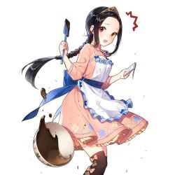 Rule 34 | 1girl, :d, apron, black hair, blue shirt, blush, bow, bowl, bracelet, braid, breasts, brown skirt, cellphone, chocolate, clarice lapis, confetti, dress, earrings, emphasis lines, floating hair, floral print, forehead, frilled apron, frilled skirt, frills, full body, hair ornament, hair scrunchie, hairband, hand up, headdress, heart, holding, jewelry, long hair, long sleeves, looking at viewer, low ponytail, maid apron, mixing bowl, nail polish, notice lines, open mouth, parted bangs, phone, pink dress, pink shirt, pink skirt, ponytail, puffy sleeves, red eyes, ribbon, salt (salty), scrunchie, shirt, short sleeves, sidelocks, simple background, skirt, small breasts, smile, solo, sparkle, standing, striped background, striped clothes, striped dress, thighhighs, uchi no hime-sama ga ichiban kawaii, vertical-striped clothes, vertical-striped dress, very long hair, waist apron, whisk, white apron, white background