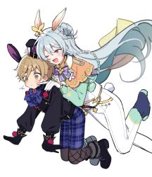 2boys animal_ears aqua_hair black_shirt blue_bow blue_shorts bow brown_eyes brown_hair bun_with_braided_base cheek_poking closed_mouth ensemble_stars! hair_between_eyes half_updo hand_on_another&#039;s_shoulder hibiki_wataru highres long_hair long_sleeves male_focus mashiro_tomoya multiple_boys official_alternate_costume one_eye_closed open_mouth poking purple_eyes rabbit_ears rabbit_tail shirt shisokonbu short_hair shorts simple_background smile tail very_long_hair white_background