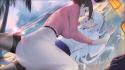 2girls alios_arvin belt black_belt black_thighhighs blue_eyes brown_hair chinese_commentary commentary_request dutch_angle flower glasses high-waist_skirt highres lily_(flower) long_hair long_sleeves looking_at_another lying mature_female multiple_girls on_back original palm_tree purple_skirt rectangular_eyewear shirt signature skirt thighhighs tree very_long_hair water white_hair white_shirt white_skirt yuri