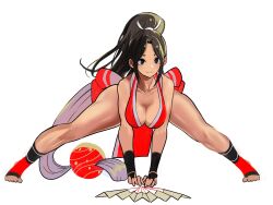 1girl arm_guards bare_shoulders barefoot breasts brown_eyes brown_hair cleavage closed_mouth fatal_fury feet folding_fan hand_fan high_ponytail highres japanese_clothes large_breasts legs long_hair looking_at_viewer meke_(77842928) muscular muscular_female ninja pelvic_curtain ponytail revealing_clothes shiranui_mai simple_background smile snk solo the_king_of_fighters thighs wrist_guards