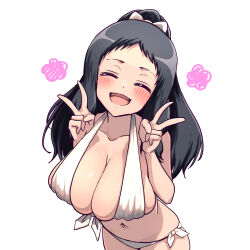 1girl bikini black_hair blush bow breasts cleavage closed_eyes collarbone commentary_request double_v flower front-tie_bikini_top front-tie_top hair_bow highres hitofudegaki_usagi idolmaster idolmaster_cinderella_girls long_hair navel ohnuma_kurumi open_mouth oppai_loli pink_flower ponytail side-tie_bikini_bottom simple_background skindentation stomach swimsuit v white_background white_bikini