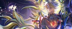 Rule 34 | 2boys, alternate form, asymmetrical wings, black shirt, black wings, blonde hair, cracked skin, hair between eyes, halo, halo behind head, hashtag-only commentary, heart (organ), highres, honkai: star rail, honkai (series), male focus, material growth, meochymte, multiple boys, mydei (honkai: star rail), phainon (honkai: star rail), shirt, short hair, silhouette, tears, tears from one eye, torn clothes, torn shirt, wings, yellow blood, yellow eyes, yellow wings