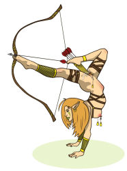 1girl anwen arm_guards arrow_(projectile) bare_hips bare_shoulders barefoot belt blonde_hair bow_(weapon) bracelet breasts clash_of_heroes elf feet_above_head female_pervert functionally_nude green_eyes green_lips green_nails handstand heroes_of_might_and_magic heroes_of_might_and_magic_v holding holding_weapon jewelry leather_belt lipstick long_hair makeup medium_breasts might_and_magic nail_polish nipple_piercing nipples no_bra no_headwear no_panties no_pants no_shoes nude object_insertion pervert piercing pointy_ears pussy pussy_juice pussy_juice_drip pussy_piercing quiver rivawi solo vaginal vaginal_object_insertion weapon