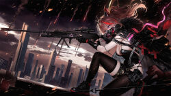 1girl absurdres aiming animal_ears bare_shoulders black_cape black_gloves black_leotard black_shoes black_thighhighs breasts building burning cape cat_ears city cloud cloudy_sky commentary_request extra_ears falling finger_on_trigger fingerless_gloves floating_hair fur-trimmed_cape fur_trim gloves gun hair_ornament highres holding holding_gun holding_weapon leotard long_hair medium_breasts on_one_knee original outdoors ponytail pouch purple_eyes red_hair revision rifle shoes sky skyscraper sleeveless smoke sneakers solo spaghetti_strap strap tameiki thigh_pouch thigh_strap thighhighs watermark weapon