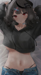 1girl absurdres bandaid bandaid_hair_ornament bandaid_on_neck bed_sheet black_bow black_hair black_panties black_ribbon blunt_ends blush bow breasts closed_mouth collarbone commentary_request crop_top cropped_hoodie denim grey_hair grey_hoodie hair_bow hair_ornament hair_ribbon hands_up highleg highleg_panties highres hololive hood hoodie large_breasts long_sleeves looking_at_viewer lying medium_hair multicolored_hair navel on_back on_bed open_fly panties ponnu_(nikeytina) red_eyes ribbon sakamata_chloe sheet_grab solo steam steaming_body stomach streaked_hair string_panties sweat unbuttoned underboob underwear unzipped upper_body virtual_youtuber wavy_hair x_hair_ornament