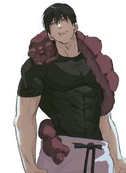 1boy belt black_belt black_hair black_shirt closed_mouth covered_abs covered_pectorals crew_neck fushiguro_touji hair_between_eyes highres inventory_curse_(jujutsu_kaisen) jujutsu_kaisen korimizu33522 looking_to_the_side male_focus mature_male pants pectorals scar scar_across_eye scar_on_face shirt sideways_glance skin_tight standing t-shirt white_background white_pants