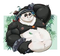 1boy animal_ears bara belly biceps bird bracelet closed_eyes commentary_request facing_to_the_side fat furry furry_male grin hand_on_headwear hand_on_own_stomach highres jewelry male_focus mouth_hold navel nipples pan_yinhu panda_boy panda_ears pectorals pinxz_art plump round_eyewear smile spiked_bracelet spikes stalk_in_mouth thai_commentary topless_male wok zenless_zone_zero
