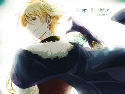 1boy ahoge alicein_mikuni black_cape blonde_hair cape earrings elbow_gloves fur-trimmed_cape fur_trim gloves happy_birthday jewelry male_focus na06221220 orange_eyes servamp short_hair white_background