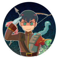 1boy bad_id bad_pixiv_id belt black_hair blue_eyes bow bow_(weapon) brown_hair cowboy_shot gloves iide_shou image_sample male_focus pixiv_sample ronyx_j._kenny salute short_hair smile solo star_ocean star_ocean_first_departure weapon yakan_(madoromio)