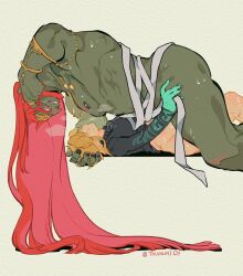 2boys artist_name blank_eyes blonde_hair bottomless colored_skin ganondorf green_skin hand_on_another&#039;s_head link long_hair lying male_focus multiple_boys muscular muscular_male nintendo nipples nude on_back parted_lips red_hair short_hair simple_background size_difference sweat the_legend_of_zelda the_legend_of_zelda:_tears_of_the_kingdom tsunamio7 twitter_username very_long_hair yaoi