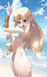 1girl alternate_costume aqua_eyes atsuki_(gadgeko) beach bikini blonde_hair blue_sky breasts circlet commentary_request cowboy_shot curtained_hair day earrings gem hand_up highres jewelry long_hair nintendo open_mouth outdoors pointy_ears princess_zelda red_gemstone side-tie_bikini_bottom sky small_breasts smile solo swimsuit the_legend_of_zelda the_legend_of_zelda:_a_link_between_worlds triforce white_bikini