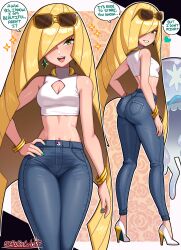 1girl absurdres animal_ears ass blonde_hair blue_pants blush bracelet breasts cleavage cleavage_cutout clothing_cutout crop_top denim eyewear_on_head gen_7_pokemon gold_bracelet green_eyes hair_over_one_eye high_heels highres jeans jellyfish jewelry large_breasts long_hair looking_at_viewer lusamine_(pokemon) mature_female midriff multiple_bracelets multiple_girls navel nihilego nintendo open_mouth pants pokemon pokemon_(creature) pokemon_sm sarukaiwolf shirt sleeveless smile sunglasses ultra_beast very_long_hair white_shirt