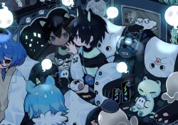3boys animal_ears bags_under_eyes black_eyes black_hair black_shirt blue_eyes blue_hair blue_necktie blush_stickers brown_sweater_vest cat_ears commentary_request cotono_(nazekun) diamond_mouth ghost highres indoors lantern light_particles male_focus mirror multiple_boys necktie open_mouth original reflection shirt short_hair silk smile spider_web striped_clothes striped_shirt stuffed_animal stuffed_cat stuffed_toy sweater_vest translation_request white_shirt