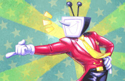 1boy ant_tenna artist_name black_pants commentary cowboy_shot deltarune english_commentary gloves hand_on_own_hip jacket male_focus necktie notice_lines object_head outstretched_arm pants pointing pointing_to_the_side pointy_nose red_jacket smile star_(symbol) white_gloves yellow_necktie zubzooks