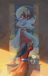 1boy altar arm_behind_back art_brush banana belt black_hair black_pants blue_background blue_shawl bouquet bowl brown_hair capelet chapter_56 chinese_clothes closed_eyes closed_mouth crack_of_light facing_away floating_hair flower food from_behind fruit full_moon hair_bun hand_up hanfu hanging_scroll highres holding holding_brush holding_flower holding_sword holding_weapon hua_cheng huadian indoors light_particles long_sidelocks male_focus mandarin_orange moon paintbrush painting_(action) painting_(object) pants parted_bangs plate red_hanfu scroll shawl side_slit sidelighting sidelocks silver_belt simple_background single_hair_bun smile standing string string_of_fate sunlight sword table tianguan_cifu two-tone_background two-tone_hanfu vase wavy_hair weapon white_capelet white_hanfu xiao_guan_(headdress) xie_lian xie_lian_(flower_crowned_martial_god) yellow_background yellow_shawl yuanlingpao