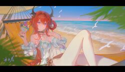 1girl arknights bare_shoulders beach bikini bingyuqin bird blush breasts brown_bikini cleavage closed_mouth cup detached_sleeves food hair_between_eyes highres holding holding_cup horns long_hair looking_at_viewer lying ocean parfait purple_eyes red_hair sidelocks smile solo surtr_(arknights) swimsuit white_bikini