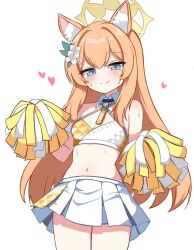 1girl animal_ear_fluff animal_ears bare_shoulders blue_archive blue_eyes blush cat_ears cheerleader closed_mouth cowboy_shot crop_top flower hair_flower hair_ornament halo hands_up highres holding holding_pom_poms io9 long_hair looking_at_viewer mari_(blue_archive) midriff navel orange_hair pom_pom_(cheerleading) pom_poms simple_background skirt smile solo star_sticker sticker_on_face stomach sweat white_background white_skirt yellow_halo