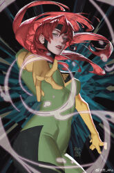 1girl absurdres black_bodysuit black_headband bodysuit breasts chinese_commentary commentary_request cowboy_shot elbow_gloves floating_hair gloves green_bodysuit green_eyes hair_between_eyes headband highres jean_grey lips long_hair looking_at_viewer magic marvel medium_breasts phoenix_(x-men) red_hair solo standing superhero_costume teeth two-tone_bodysuit x-men yaoyao794 yellow_gloves
