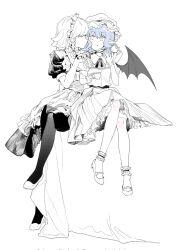 Rule 34 | apron, bat wings, black pantyhose, blade to throat, blue hair, braid, dress, expressionless, faceless, fang, hair between eyes, hat, highres, holding, holding knife, holding pocket watch, izayoi sakuya, knife, looking at another, maid, maid apron, maid headdress, medium hair, mob cap, pantyhose, partially colored, pocket watch, pointy ears, remilia scarlet, shoes, short sleeves, sitting, touhou, twin braids, watch, white dress, white hair, wings, xuezai